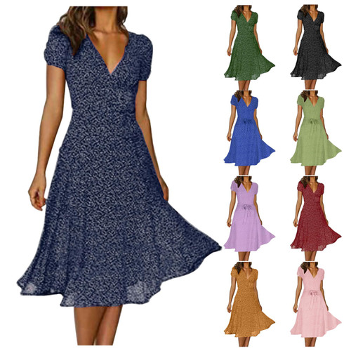 Shirt Dresses for Women 2024 Summer Short Sleeve Midi Dresses Casual V Neck Boho Tshirt Dress Plus Size Beach Sundress Lightning Deals of Today Prime Clearance