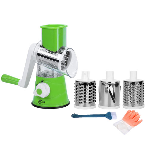 Rotary Manual Cheese Grater- Kitchen Round Mandoline Vegetable Slicer with 3 Interchangeable Blades, Grater Slicer for Fruit, Vegetables, Cheese Shredder with Cleaning Brush, Gloves(GREEN) Rotary Manual Cheese Grater- Kitchen Round Mandoline Vegetable Slicer with 3 Interchangeable Blades, Grater Slicer for Fruit, Vegetables, Cheese Shredder with Cleaning Brush, Gloves(GREEN)