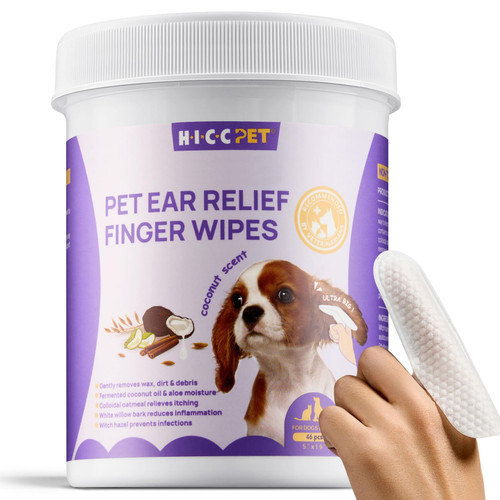 HICC PET Ear Finger Wipes for Dogs & Cats - Gently Remove Ear Wax, Debris - Sooths & Deodorizes - Relieve Ear Itching & Inflammation, Fresh Coconut Scent, All Natural Ingredients - 46 Count