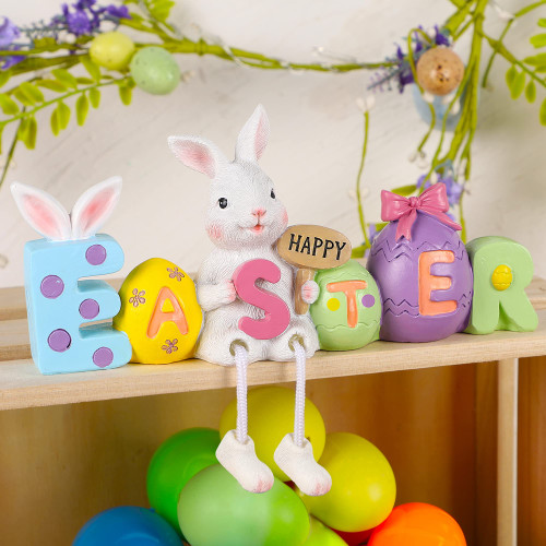 Lulu Home Easter Tabletop Ornament, 8.3" L x 5.9" H x 2" W Resin Bunny Shelf Sitter with Dangling Legs, Adorable Happy Easter Rabbit Statue with Easter Eggs for Spring Indoor Decorations