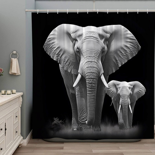 ZZYSKS Elephant Shower Curtain Funny African Large Wild Animal Elephants Close-Up Tropical Indian Boho Black Background Printing Polyester Fabric Bathroom Decor Curtains Set with Hooks 70x70 Inch