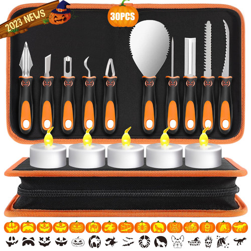 kopotma 30PCS Pumpkin Carving Kit, Pumpkin Carving Tools, Pumpkin Carving Kit with Stencils, Halloween Professional Pumpkin Carving Knife, Pumpkin Carving Kit for Kids & Adults
