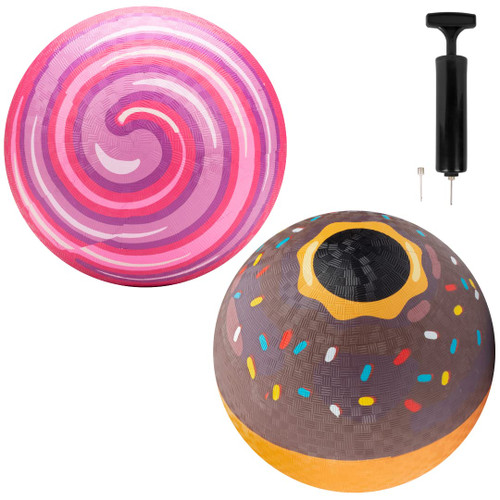 SCS Direct Gaga Playground Balls 2pk (8.5 inches) - Treat Themed Gagaballs w Air Pump - Durable Rubber Pack for School Recess, Dodgeball, Kickball, Four Square - Outdoor Rubber Ball Toys for Kids