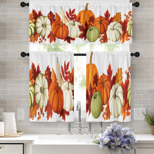 Tayney Pumpkins Autumn Maple Leaves Kitchen Window Curtains Valance and Tier Set 36 Inch, Fall Thanksgiving 3 Piece Set Rod Pocket Short Curtains, Fall Window Treatment for Bathroom Living Room Tayney Pumpkins Autumn Maple Leaves Kitchen Window Curtains Valance and Tier Set 36 Inch, Fall Thanksgiving 3 Piece Set Rod Pocket Short Curtains, Fall Window Treatment for Bathroom Living Room