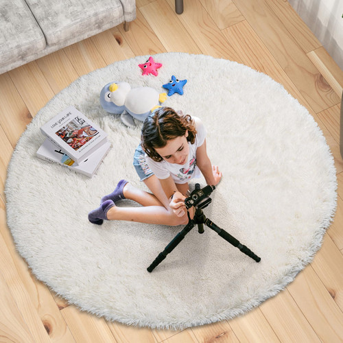 fruimul Round Faux Fur Rug, Fluffy Shaggy Area Rug Ultra Soft 4 x 4 Feet Sheepskin Fur Rug, White Fuzzy Rug Machine Washable Shag Rug, Nursery Decor Throw Rugs for Bedroom, Kids Room, Living Room