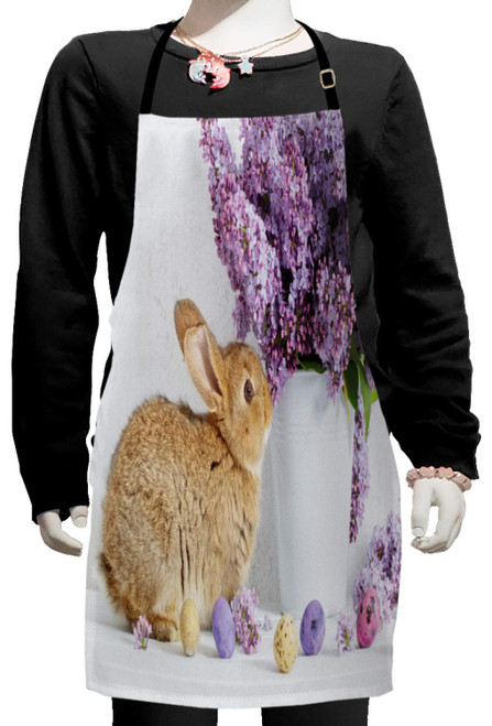 Ambesonne Easter Bunny Apron, Brown Easter Rabbit with Lilac Flowers Dyed Eggs Floral Innocent, Small Apron Bib with Adjustable Ties for Baking Painting, Small Size, Multicolor