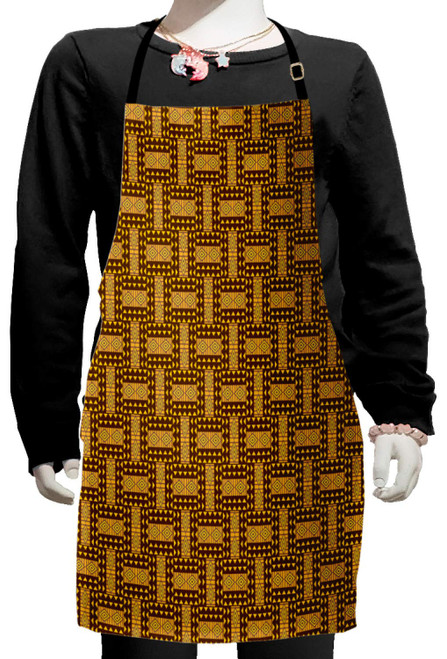 Ambesonne Kente Pattern Apron, Vintage National Pattern Triangles and Diamond Line Motifs, Small Apron Bib with Adjustable Ties for Baking Painting, Small Size, Brown Earth Yellow Mauve