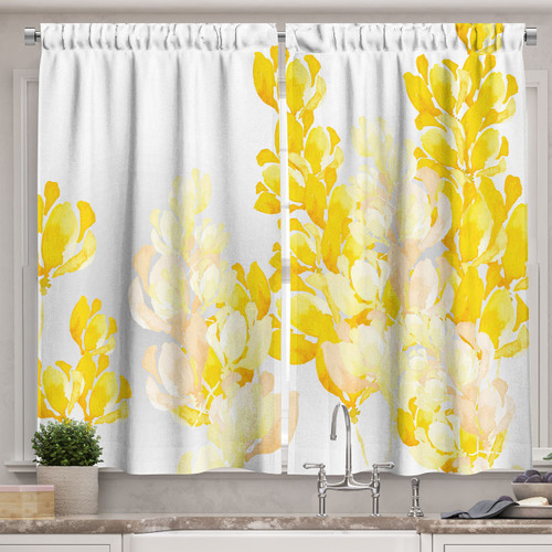 Ambesonne Yellow and White Kitchen Curtains, Watercolor Art Style Blossoming Wild Flowers Spring Meadow Botany Nature, Window Drapes 2 Panel Set for Kitchen Cafe Decor, 55" X 39", Yellow White