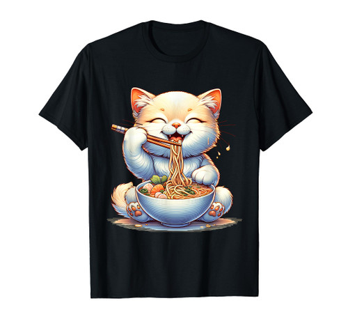 Cat Ramen Anime Kawaii Neko Eating Noodle Girls Teens Kids T-Shirt