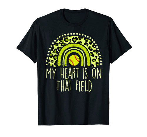 My Heart is on That Field Softball Mom Leopard Rainbow Women T-Shirt My Heart is on That Field Softball Mom Leopard Rainbow Women T-Shirt