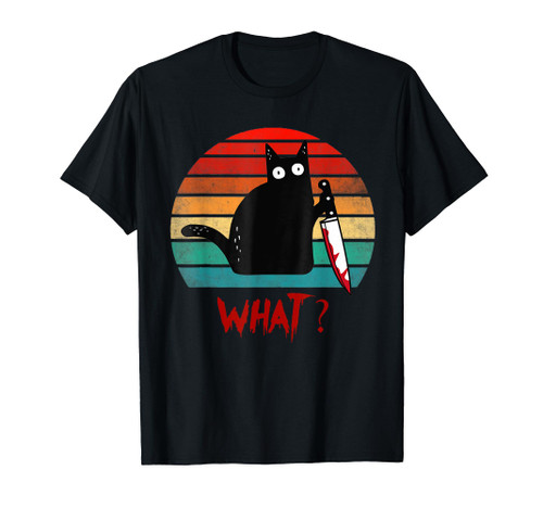 Vintage Cat What? Funny Black Cat Murderous Cat With Knife T-Shirt