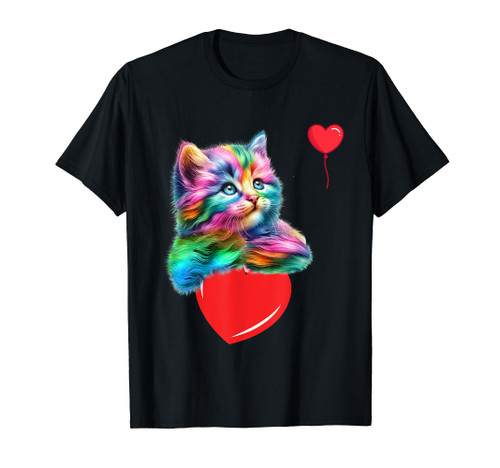 Rainbow Cat Shirt Hugging Heart Kitty Love For Cat Lovers T-Shirt