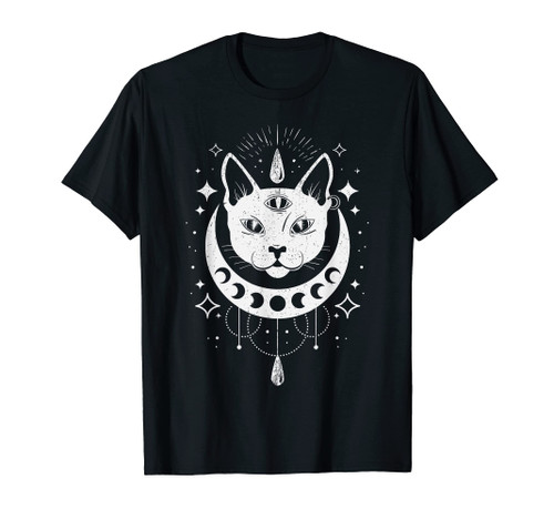 Tarot, cat with crescent moon, stars and mystic symbols T-Shirt