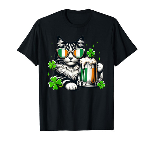 Funny Cat St Patricks Day Kitty Kitten Lover Drinking Beer T-Shirt