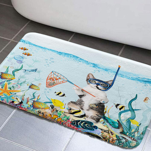 Funny Cat Bathroom Rugs, Ocean Sea Animal Bath Rugs, Teal Blue Sea Ocean Bath Mat with Animal Octopus Starfish Turtle Bathroom Rugs, Tropical Fish Coral Underwater Bath Mats for Bathroom, 17x29Inch