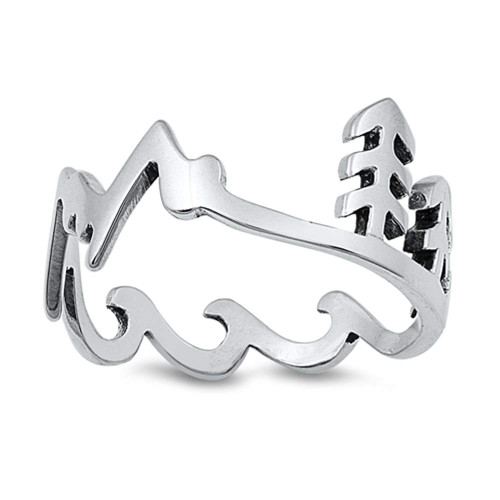 Mountains Tree Wave California Nature Ring .925 Sterling Silver Band Size 8