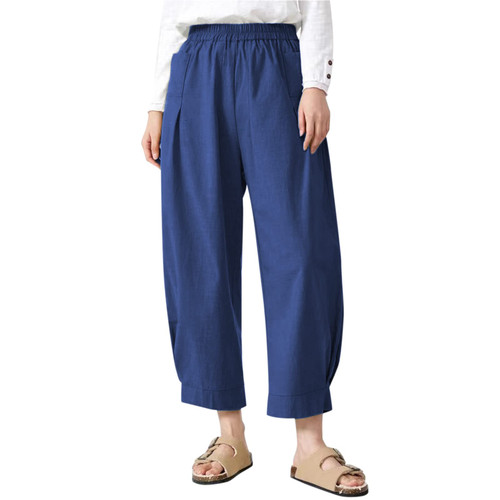Bblulu Women's Drawstring Waist Summer Pants Cotton Linen Wide Leg Long Pants Summer Loose Comfy Capri Crop Pants Blue