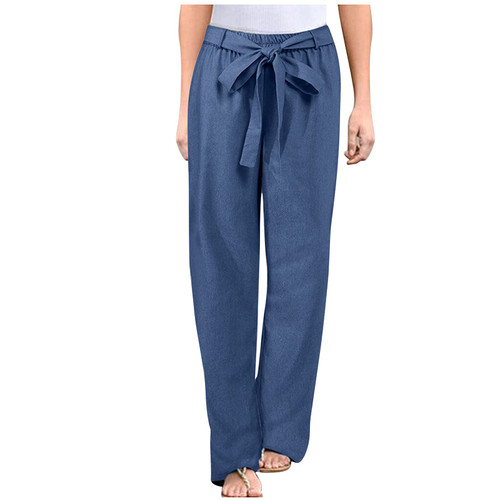 Bblulu Womens Wide Leg Linen Palazzo Pants Comfy Drawstring Elastic High Waisted Trousers Plus Size Pants Blue