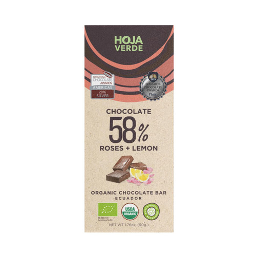 Hoja Verde - Certified Organic - 58% Dark Chocolate + Roses and Lemon I Vegan, Gluten Free, Soy Free, Non GMO, Paleo Hoja Verde - Certified Organic - 58% Dark Chocolate + Roses and Lemon I Vegan, Gluten Free, Soy Free, Non GMO, Paleo