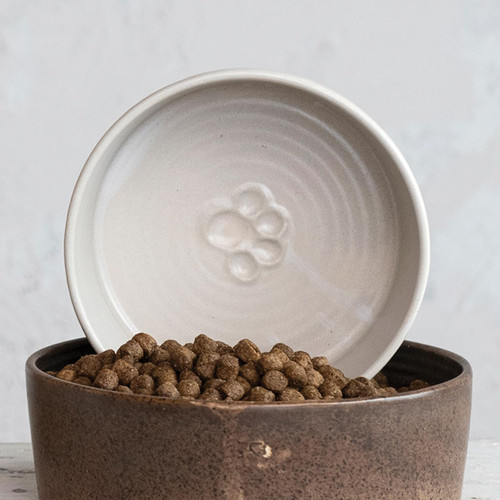 Creative Co-Op Round Debossed Stoneware Pet Bowl with Paw Print, Reactive Glaze, White (Each One Will Vary)