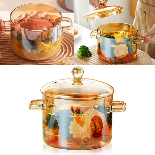 1.5L/50oz Glass Pot with Cover, Amber Glass Cooking Pot, Glass Saucepan with Lid and Handle - Safe to Heat Pasta Noodle, Soup, Milk, Baby Food