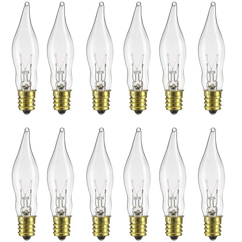 Sunlite 7CFC/25/12PK Flame Tip 7W Incandescent Petite Chandelier Light Bulb, Candelabra (E12) Base, Crystal Clear Bulb (12 Pack)