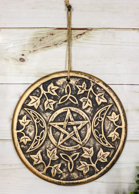 Ebros Gift Wicca Occult Sacred Triple Moon Goddess Lunar Cycle Pentagram Pentacle Round Medal Wall Decor Hanging Plaque 8" Diameter Wiccan Occultic New Age Metaphysical Symbol
