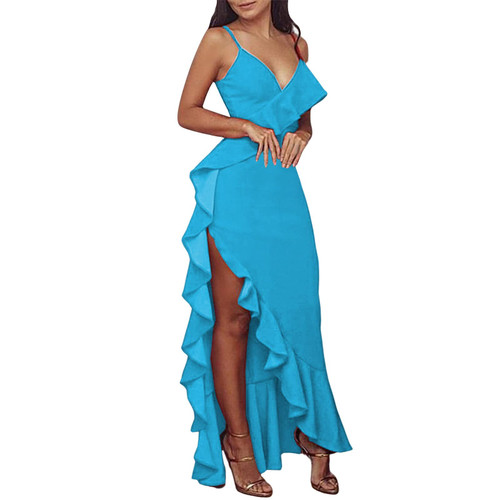 Women's Sexy Deep V Neck Strappy Long Dress Side Split Ruffled Summer Evening Party Maxi Dress Blue Women's Sexy Deep V Neck Strappy Long Dress Side Split Ruffled Summer Evening Party Maxi Dress Blue