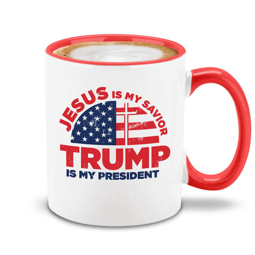 shop4ever Jesus is My Savior, Trump is My President Ceramic Coffee Mug Tea Cup, Funny Gift for Donald Fan 11 oz. (Red Handle)