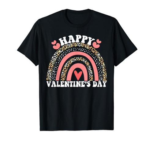 Happy Valentines Day Leopard Rainbow Women Girls Kids T-Shirt