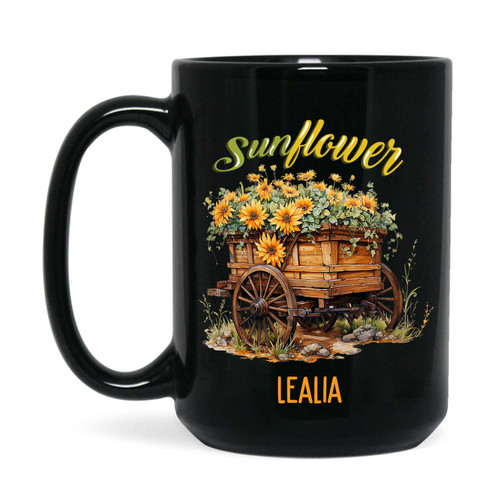 Customized Sunflowers Black Coffee Mug, Novelty Sunflowers Lovers Cup, Flower Ceramic Cups, Personalized Choose Name Plant Enthusiasm Present For Women, Sunflowers Cup 11Oz Or 15Oz