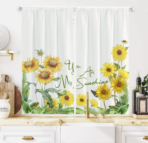 Sunflower Garden Window Kitchen Curtain Short Velvet Summer Inspired Design Agriculture, Window Drapes 2 Panel Set for Kitchen Cafe Decor,55" X 39" (2 Panels 27.5 x 39 Inch), Yellow Green