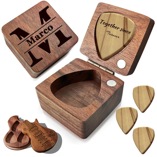 Custom Guitar Picks Personalized Guitar Picks with Case Engraved Name Text Guitar Pick Holder Wooden Guitar Picks Box Customized Christmas Valentine's Day Gifts for Him Her Boyfriend Son Friend