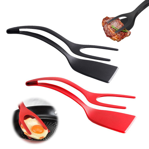 2 in 1 Egg Spatula Flipper, Grip and Flip Spatula Tongs Egg Flipper Tong, Egg Flipper Spatula Fried Egg Spatula Pancake Fish French Toast Omelet Making Spatula Tongs Kitchen Cooking Tool (Black+Red)