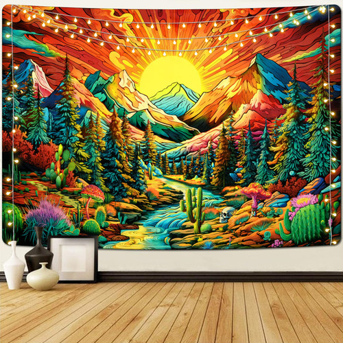 Krelymics Mountain Sun Tapestry Trippy Forest Tree Tapestries Nature Landscape Tapestry for Bedroom Aesthetic Sunset Wall Tapestry Magic River Wall hanging for Room(59.1 x 82.7 inches)