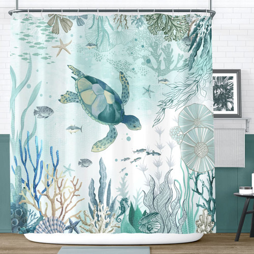 Lifezilla Blue Sea Turtle Ocean Bathroom Shower Curtain Set Waterproof Fabric Turtle Bathroom Set with 12 Hook (72x72Inches)
