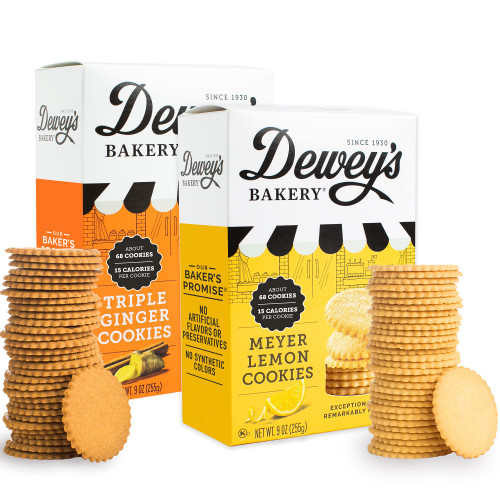 Dewey's Bakery Meyer Lemon & Triple Ginger Moravian Style Thin Cookies Duo Pack | No Artificial Flavors, Synthetic Colors or Preservatives | Baked in Small Batches | 9oz (Pack of 2)