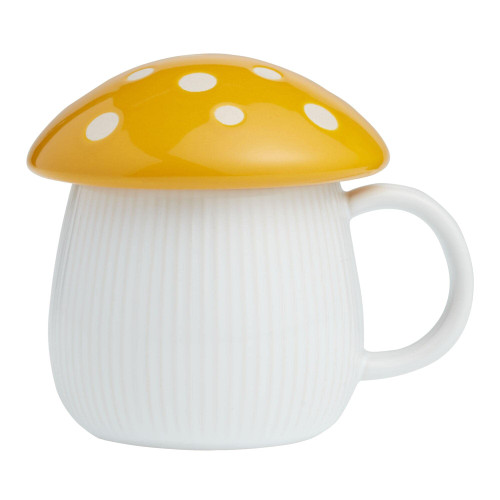 Mushroom Mug With Yellow Lid- Cute Ceramic Mug - Coffee and Tea Cup - Funny Coffee Mug - White and Yellow Mug for Milk, Tea - Perfect for Housewarming Gift - Ceramic Mug with Lid - 10 oz Capacity