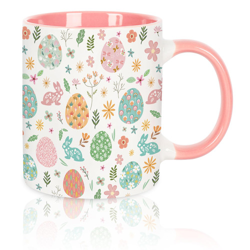 JarThenaAMCS Easter Mug Easter Egg Bunny Coffee Mug Colorful Holiday Ceramic Tea Mug Cup for Easter Spring Party Home School Office Table Centerpieces Gift, 12oz