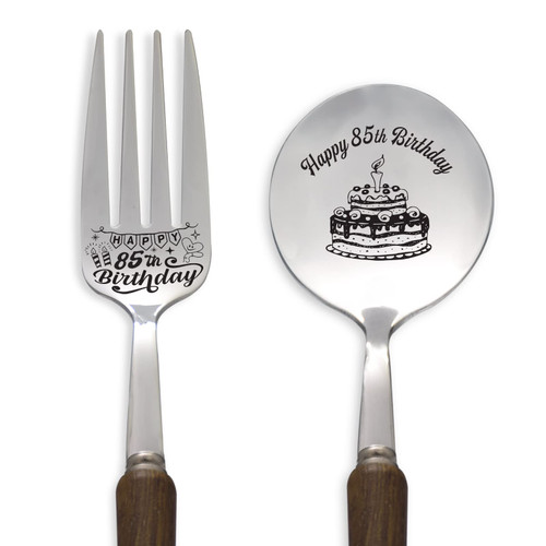 Happy 85th Birthday Dinner Wooden handle Spoon&fork Gifts Engraved Wooden handle Spoon&fork Personalized Birthday Gifts Idea for Grandma Grandpa Mother Father Wife Husband Friends