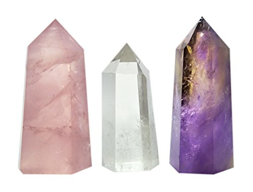 Set of 3 Healing Stone Wands of 3 Crystals, Rose Quartz, Clear Quartz, Amethyst, Pointed & Faceted Prism Bars for Reiki Chakra Meditation Therapy Deco Set of 3 Healing Stone Wands of 3 Crystals, Rose Quartz, Clear Quartz, Amethyst, Pointed & Faceted Prism Bars for Reiki Chakra Meditation Therapy Deco