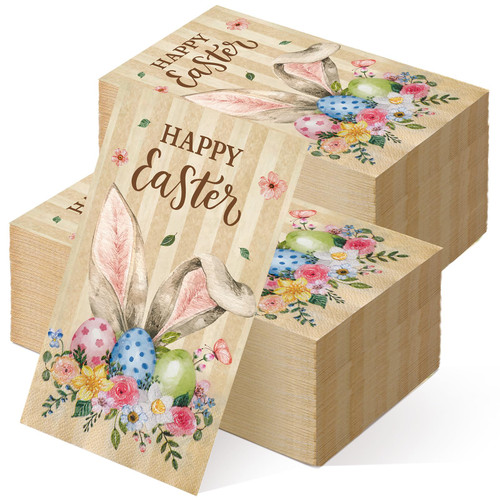 Chiisong 200 Pcs Easter Napkins Paper Easter Guest Napkins Bunny Flower Easter Eggs Disposable Decorative Hand Paper Napkin Towel for Bathroom Dinner Spring Easter Supplies