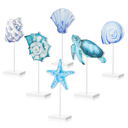 Kigley 6 Pcs Coastal Beach Decor for Home Summer Ocean Wood Table Sign Nautical Tabletop Centerpiece Room Decor Blue Rustic Wooden Farmhouse Starfish Conch Seahorse Turtle Decor for Bedroom