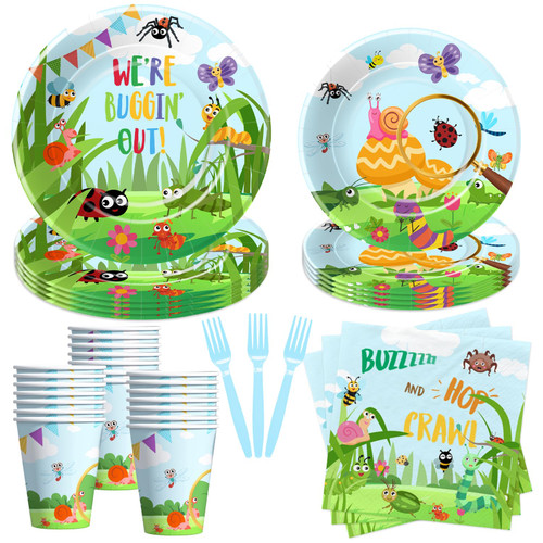 APOWBLS Bug Birthday Plates And Napkins Party Decorations Tableware - Bug Party Supplies, Plate, Cup, Napkin, Fork, Spring Summer Nature Insect Theme Birthday Party Decorations Dinnerware | Serve 24