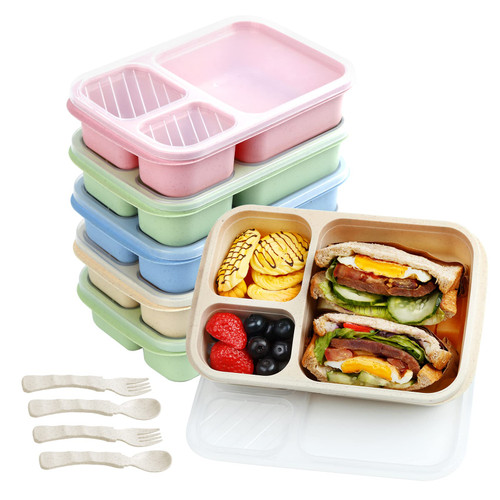 Korlon 6 Pack Snack Box Containers, 3 Compartment Lunch Containers for Kids, Reusable Meal Prep Bento Snack Containers for Adults, Bento Lunch Box for School, Work and Travel with Forks and Spoons