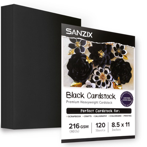 SANZIX 120 Sheets Black Cardstock 8.5 x 11 Inch Thick Paper, 80lb. 216 GSM Heavy Weight Printer Paper, Cardstock for Invitations, Menus, Calligraphy, Stationery Printing, Scrapbook, Crafts, DIY Cards