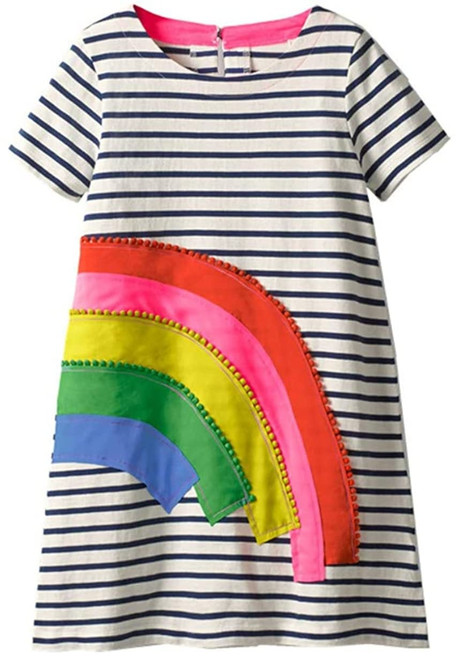 Little Toddler Girls Summer Dresses Short Sleeve Stripe Rainbow Cotton Casual Tunic Shirt Dress 4T