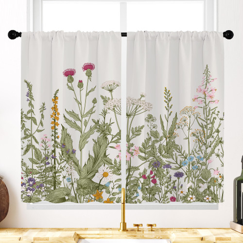 Opeoddie Vintage Green Floral Kitchen Curtains Rustic Botanical Flower Curtains Short Spring Wildflower Garden Herb Cafe Curtains for Bathroom Window Treatment Tiers Drapes 27.5x39 Inch 2 Panels