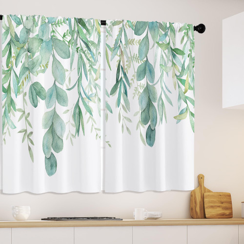 Opeoddie Spring Green Eucalyptus Leaves Kitchen Curtains Vintage Watercolor Botanical Short Curtains Rustic Green Plant Cafe Curtain for Bathroom Window Treatment Tiers Drapes 2 Panels 27.5x39 Inch