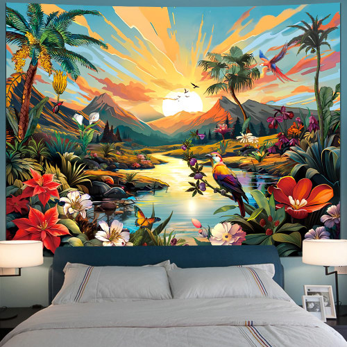 Serborlur Trippy Sun Tapestry Vintage Floral Plants Tapestry Hippie Aesthetic Flower Tapestry Tropical Palm Tree Wall Tapestry Nature Mountain Tapestry Wall Hanging for Room